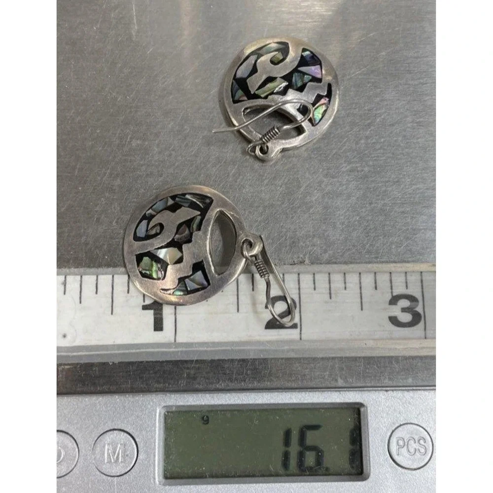 Vintage Mexico Sterling Silver Abalone Inlay Taxco Drop Earrings 925 16.1g